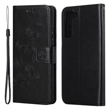 Butterfly and Flowers Imprinting Leather Phone Wallet Cover with Adjustable Viewing Stand for Samsung Galaxy S22 5G - Black