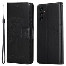 Folio Flip Owl Tree Imprint Leather Wallet Phone Case Shell with Stand for Samsung Galaxy A13 5G / A04s 4G (164.7mm) - Black