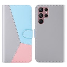 Tri-color Splicing Folio Flip Wallet Stand Leather Protective Phone Cover Case for Samsung Galaxy S22 Ultra 5G - Grey/Blue/Pink