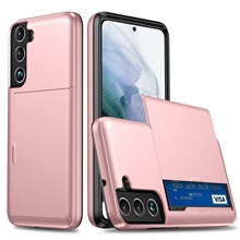 Sliding Card Holder Smooth Surface Anti-drop Stylish PC + TPU Hybrid Phone Shell for Samsung Galaxy S22+ 5G - Rose Gold