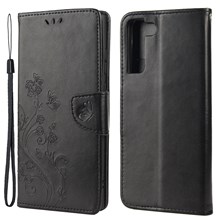 Imprinting Butterflies Flowers Shockproof Protective Leather Phone Case with Stand Wallet for Samsung Galaxy S22+ 5G - Black