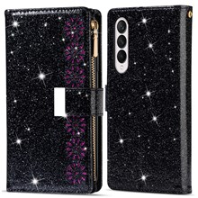 Glittery Starry Style Laser Carving Magnetic Closure Zipper Wallet Stand Protective Leather Phone Case for Samsung Galaxy Z Fold3 5G - Black