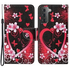 Pattern Printing Shock Absorption Magnetic Closure PU Leather Stand Case Wallet Cover with Wrist Strap for Samsung Galaxy S22 5G - Red Heart Shape