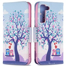 Pattern Printing PU Leather Flip Case Stand Magnetic Closure Protective Wallet Phone Cover for Samsung Galaxy S22 5G - Two Owls