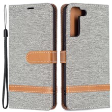 For Samsung Galaxy S22+ 5G Drop-proof Splicing Jeans Cloth Magnetic Clasp Stand PU Leather Wallet Leather Phone Case - Grey