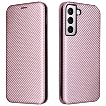 Carbon Fiber Texture PU Leather Phone Case Auto-absorbed Magnetic Closure Stand Flip Cover with Ring Strap for Samsung Galaxy S22+ 5G - Rose Gold