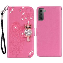 Fashion Rhinestone Decor PU Leather Phone Case Wallet Stand Flip Owl Flower Pattern Imprinted Cover with Strap for Samsung Galaxy S22+ 5G - Rose