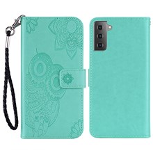 Owl Flower Pattern Imprinted PU Leather Wallet Stand All-Inclusive Protective Case with Strap for Samsung Galaxy S22 5G - Cyan