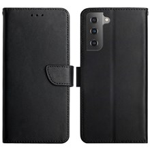 Solid Color Nappa Texture Case Wallet Genuine Leather Drop-proof Phone Shell Case with Stand for Samsung Galaxy S22+ 5G - Black