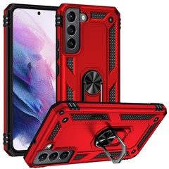 Hard Anti-scratch Phone Shell Ring Holder Kickstand Design PC + TPU + Metal Hybrid Phone Cover for Samsung Galaxy S22+ 5G - Red