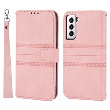 Skin-touch Feeling Surface PU Leather and TPU Imprinted Pattern Wallet Phone Case Cover with Stand for Samsung Galaxy S22 5G - Pink