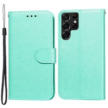 Anti-scratch Flip Phone Cover Solid Color PU Leather Wallet Stand Phone Case for Samsung Galaxy S22 Ultra 5G - Green