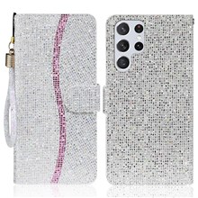 Fashionable Glittery Powder Wallet Phone Cover Leather Phone Protective Phone Case with Stand for Samsung Galaxy S22 Ultra 5G - Silver