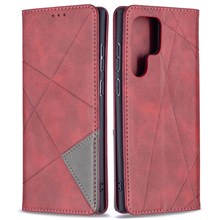 All-Round Protection Rhombus-Like Imprinted Magnetic Closure Card Slots Design Leather Phone Case with Stand for Samsung Galaxy S22 Ultra 5G - Red