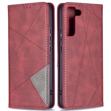 Rhombus-Like Imprinting Auto-Absorbed Magnetic Closing Anti-Fall Card Slots Design Leather Stand Phone Case for Samsung Galaxy S22+ 5G - Red