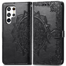 Stand Function Embossed Mandala Pattern Leather Flip Case Wallet Cover with Strap for Samsung Galaxy S22 Ultra 5G - Black