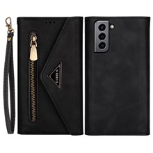 All-round Protection Leather Zipper Wallet Design Skin Feeling Long and Short Strap Phone Case with Stand for Samsung Galaxy S22+ 5G - Black