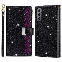 Drop-proof Laser Carving Glittery Starry Style Zipper Wallet Stand Leather Phone Case with Strap for Samsung Galaxy S22+ 5G - Black