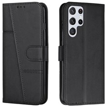PU Leather Stand Feature Stitching Phone Wallet Cover Case with Strap for Samsung Galaxy S22 Ultra 5G - Black