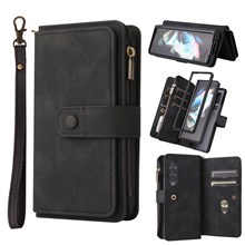 For Samsung Galaxy Z Fold3 5G Zipper Wallet Case with 15 Card Slots and Strap Leather Phone Cover - Black