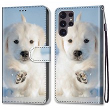 Leather Cell Phone Case with Handy Strap Wallet Stand Color Pattern Printing Phone Case 2022 for Samsung Galaxy S22 Ultra 5G - A17 Dog and Snow