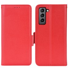 Litchi Texture Shockproof PU Leather Wallet Cover Double Magnetic Closure Flip Phone Case with Stand for Samsung Galaxy S22+ 5G - Red