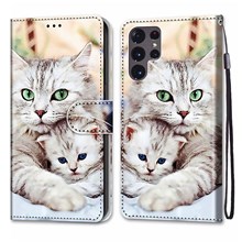 Pattern Printing Phone Case PU Leather + TPU Phone Cover with Stand Wallet and Wrist Strap for Samsung Galaxy S22 Ultra 5G - B05 Cats