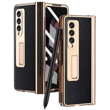 Screen Protector Design Cross Texture PU Leather Coated TPU + PC Phone Case with Hinge Pen Holder and Kickstand for Samsung Galaxy Z Fold3 5G - Black