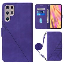 PB2-1 Series Imprinting Lines PU Leather Hands-free Stand Wallet Phone Cover Magnetic Clasp Case with Shoulder Strap for Samsung Galaxy S22 Ultra 5G - Purple
