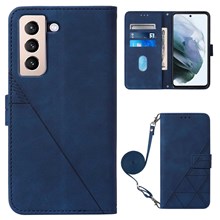 PB2-1 Series Overall Protective Imprinting Lines PU Leather Stand Wallet Phone Cover Magnetic Clasp Case with Shoulder Strap for Samsung Galaxy S22+ 5G - Sapphire
