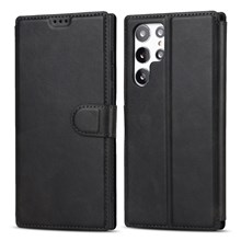 Retro Matte PU Leather Case Wallet Flip Stand TPU Shockproof Cover with RFID Blocking for Samsung Galaxy S22 Ultra 5G - Black