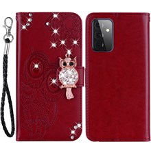 Rhinestone Decor Flip PU Leather Magnetic Clasp Case Wallet Stand Owl Flower Imprinted Shell Cover with Strap for Samsung Galaxy A33 5G - Red