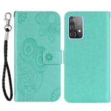 For Samsung Galaxy A33 5G Anti-fingerprint PU Leather+TPU Mobile Phone Case Flip Phone Shell Stylish Imprinted Owl Flower Pattern Wallet Phone Cover - Cyan