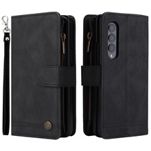 Imprinting Stripes Skin-touch PU Leather Cover Zipper Pocket Multiple Card Slots Phone Case with Stand for Samsung Galaxy Z Fold3 5G - Black