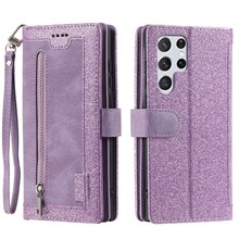 9 Card Slots Zipper Pocket PU Leather Stand Wallet Phone Case Cover with Wrist Strap for Samsung Galaxy S22 Ultra 5G - Purple