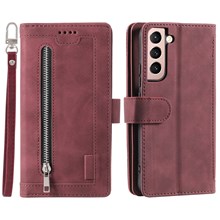9 Card Slots PU Leather + TPU Foldable Stand Wallet Phone Case Cover with Zipper Pocket for Samsung Galaxy S22+ 5G - Wine Red