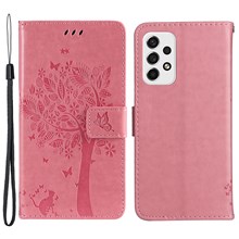 Wallet Design KT Imprinting Flower Series-3 Cat Tree Pattern Imprinted PU Leather Case Stand Magnetic Flip Shockproof Cover with Strap for Samsung Galaxy A53 5G - Pink