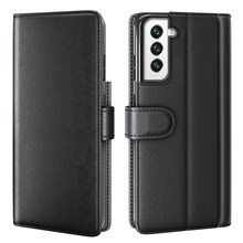 Fall Prevention Magnetic Closure Genuine Split Leather Phone Case Stand TPU Wallet Flip Cover for Samsung Galaxy S22+ 5G - Black