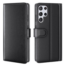 Overall Wrapped Genuine Split Leather Phone Case Stand TPU Wallet Flip Cover for Samsung Galaxy S22 Ultra 5G - Black