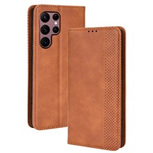 Retro Style Imprinted Leather Cover + TPU Inner Case Wallet Stand Phone Cover Cellphone Shell for Samsung Galaxy S22 Ultra 5G - Brown