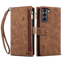 ESEBLE For Samsung Galaxy S22+ 5G Multifunction Zipper Pocket Wallet Stand Cover Shockproof Phone Case with Wrist Strap - Brown