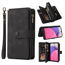 For Samsung Galaxy A53 5G Zipper Wallet Case with 15 Card Slots and Strap Leather Phone Cover - Black
