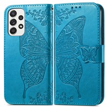 For Samsung Galaxy A53 5G Imprinted Butterfly Flower Pattern Leather Case Full-Body Protective Stand Wallet Phone Cover with Strap - Blue