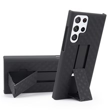 Woven Texture Belt Clip Kickstand Phone Case for Samsung Galaxy S22 Ultra 5G, PC + TPU Hybrid Shell with Sliding Cover