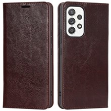 Crazy Horse Texture Genuine Leather Case for Samsung Galaxy A53 5G, Stand Wallet Magnetic Auto Closing Phone Cover Shell - Coffee