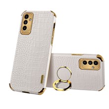For Samsung Galaxy M52 5G 6D Electroplated Finger Ring Kickstand Design Precise Cutout Crocodile Texture Leather Coated TPU Phone Case - White