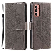 For Samsung Galaxy M13 4G Scratch Resistant Folio Stand Cover Mandala Flower Pattern Imprinted PU Leather Wallet Flip Case with Wrist Strap - Grey