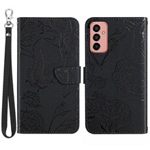For Samsung Galaxy M13 4G Butterfly Flowers Imprinting Phone Cover PU Leather Wallet Stand Inner TPU Case with Handy Strap - Black