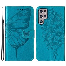 For Samsung Galaxy S23 Ultra Wallet Case with Wrist Strap Butterfly Imprint Leather Phone Cover - Blue