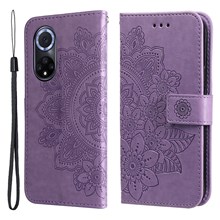 Imprinted Flower Pattern Soft TPU+PU Leather Stand Wallet Cover Case with Lanyard for Huawei nova 9/Honor 50 - Purple